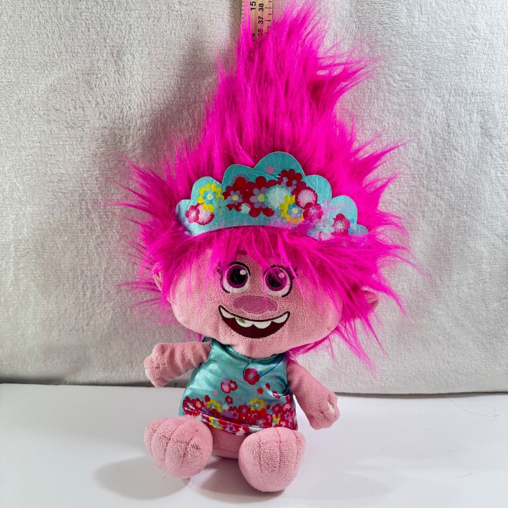 DreamWorks Trolls World Tour Poppy Plush Doll Pink Hair Flower‎ Crown 15 Inch